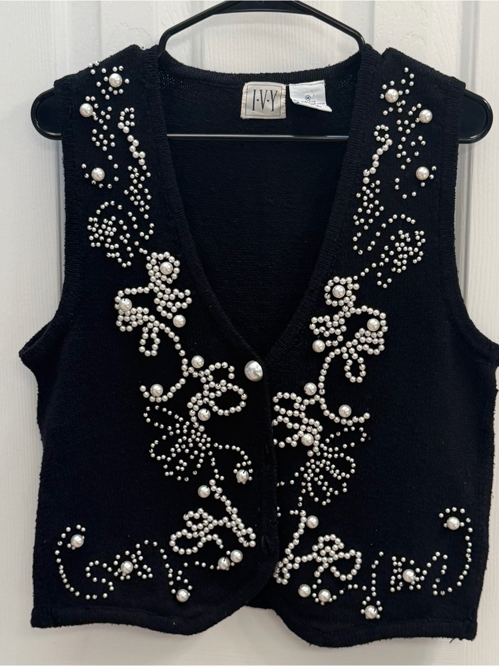 IVY Black Vintage V-Neck Embellished Pearl Knit Vest